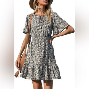 Women's Summer Boho Dress Short Sleeve Tie V Neck Ruffle Floral Print